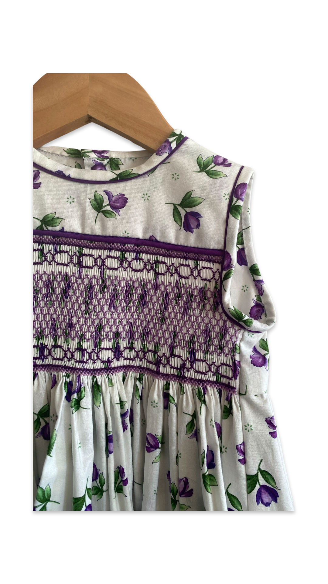 Purple Floral - hand smocked dress short sleeves - size 3