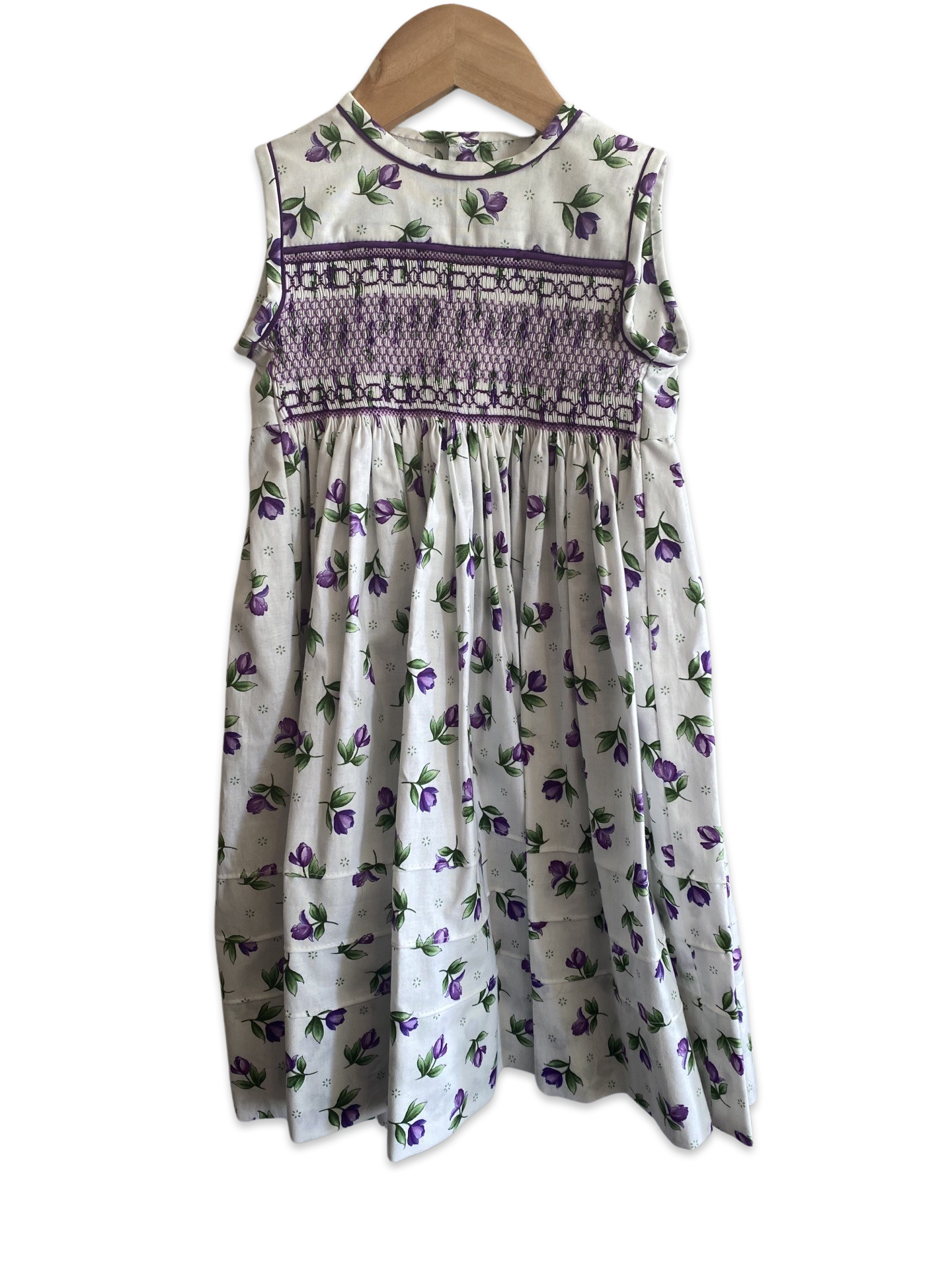 Purple Floral - hand smocked dress short sleeves - size 3