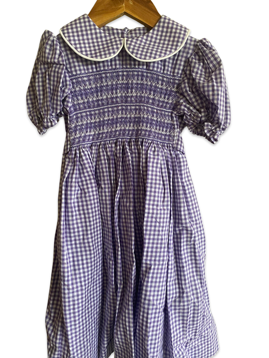 Purple gingham - hand smocked dress - size 2