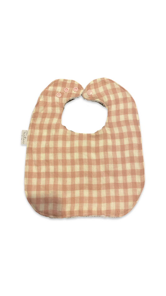 Pink gingham linen feeder bib