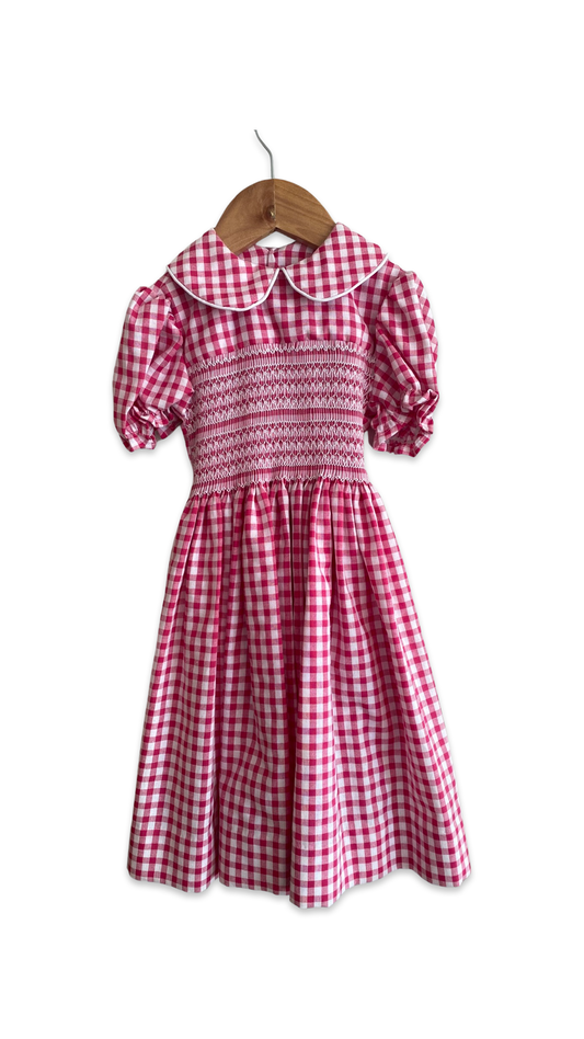 Pink gingham - hand smocked dress - size 2